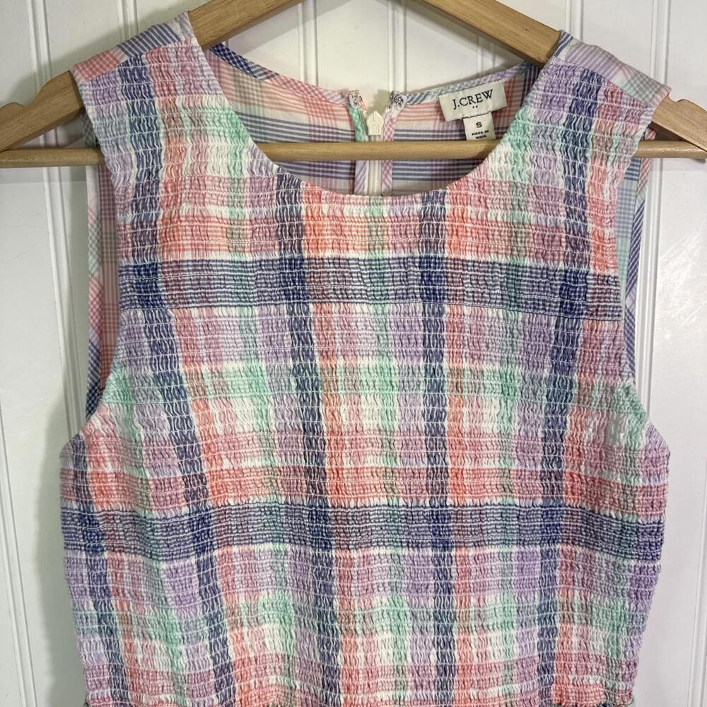 J Crew Factory Small Dress Smocked Pink Blue Pastel Plaid Midi Cotton NWT - Picture 3 of 5